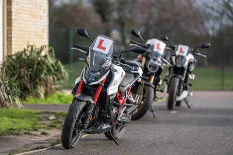 A white and red motorbike with an L plate parked in front of a row of other bikes beside a brick wall.